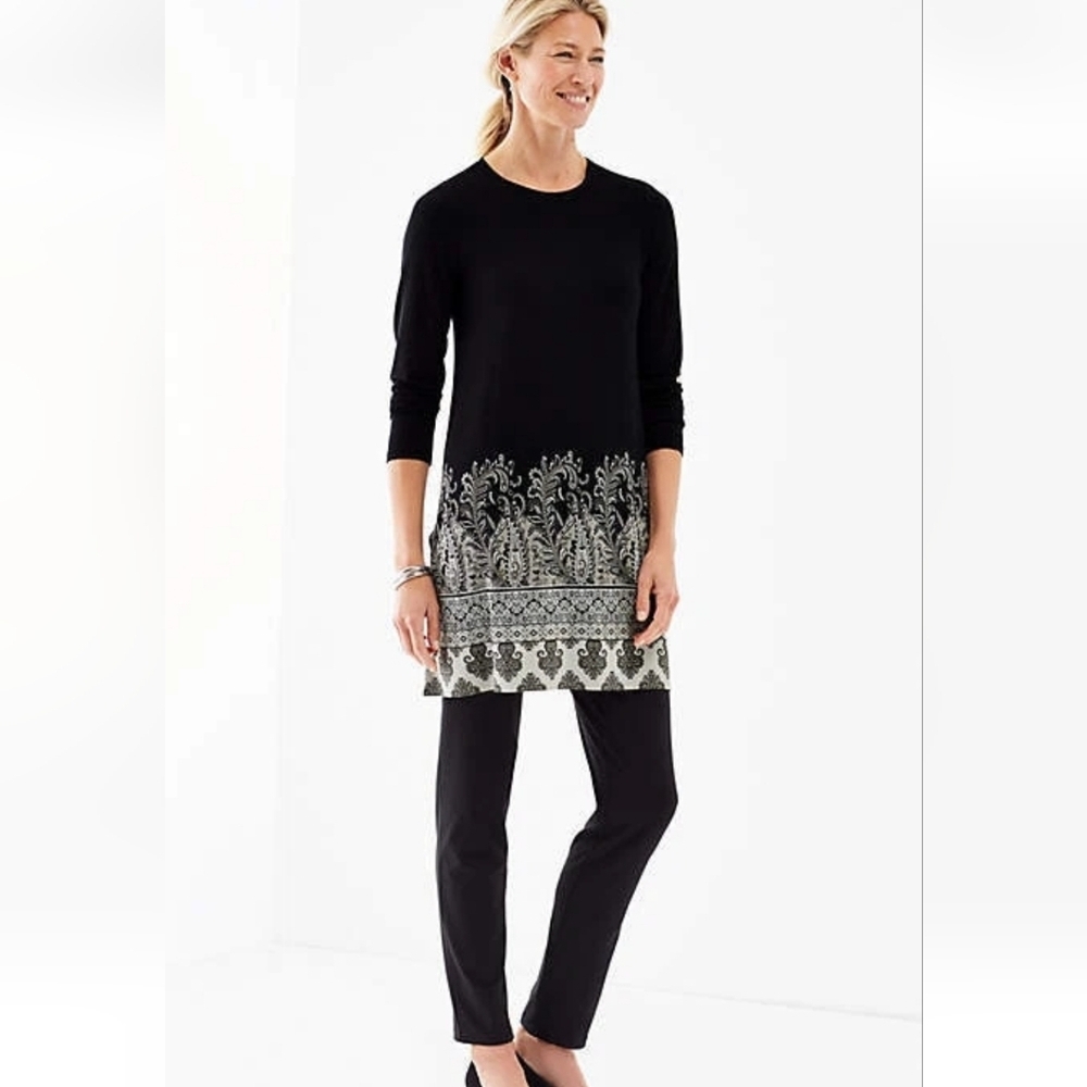 J. Jill Wearever Medallion Border Print Tunic Top Black White Medium